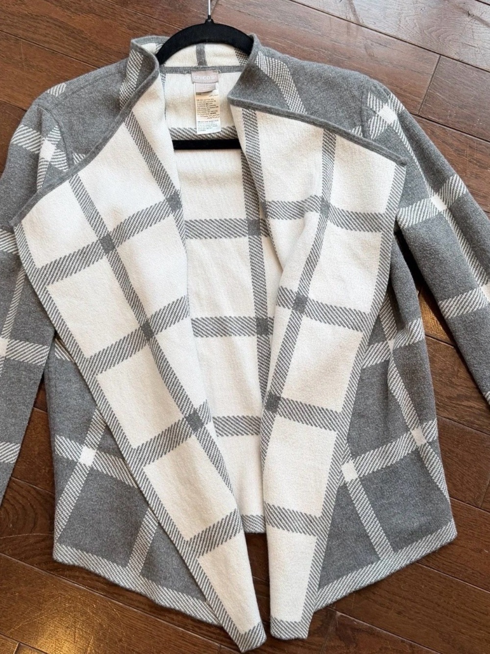Chico's Women’s Gray & White Windowpane Plaid Open Cardigan - Shall, Sweater